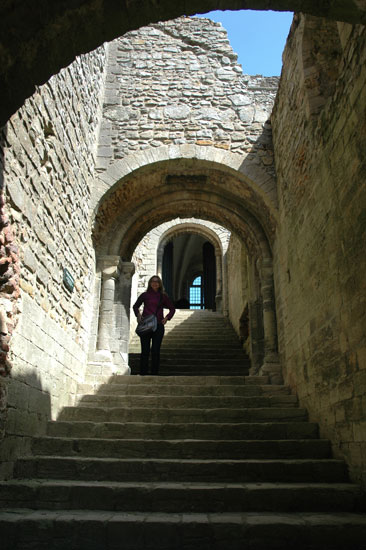 Becky on the stairs into the castle